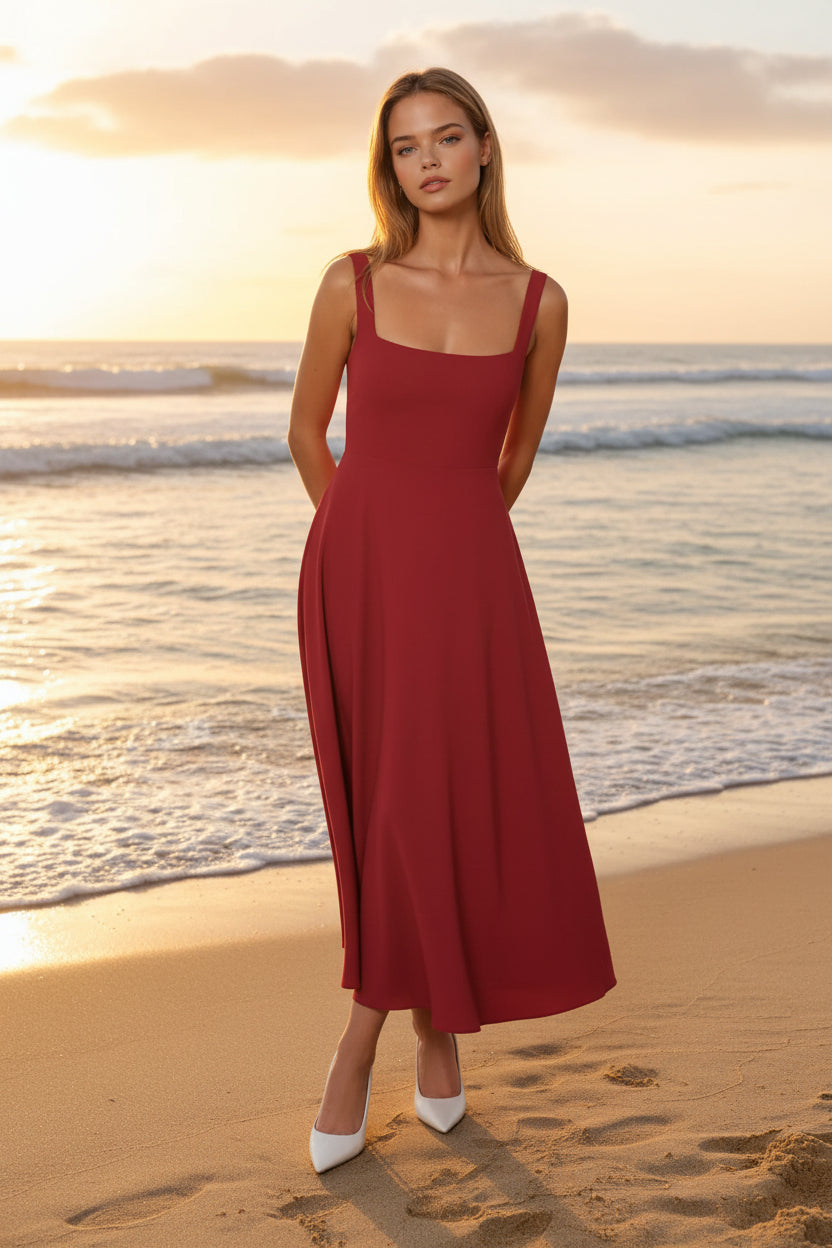 Robe longue femme Nuvéra Scarlett couleur rouge portée de face