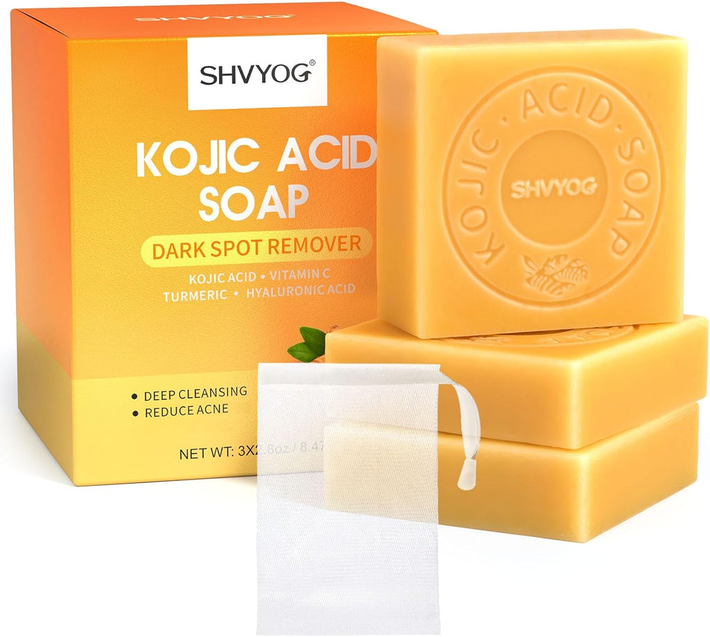 Savon À L'Acide Kojique, Savon Au Curcuma, VC Savonnette Pour Eliminer Points Noirs, Acné Et Taches Foncées, Doux Pour L'Hydratation Du Visage Et Corps, Rétrécissement Des Pores, 3X80G