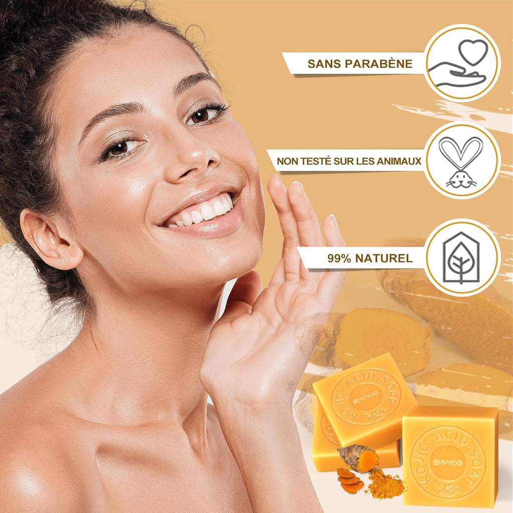 Savon À L'Acide Kojique, Savon Au Curcuma, VC Savonnette Pour Eliminer Points Noirs, Acné Et Taches Foncées, Doux Pour L'Hydratation Du Visage Et Corps, Rétrécissement Des Pores, 3X80G