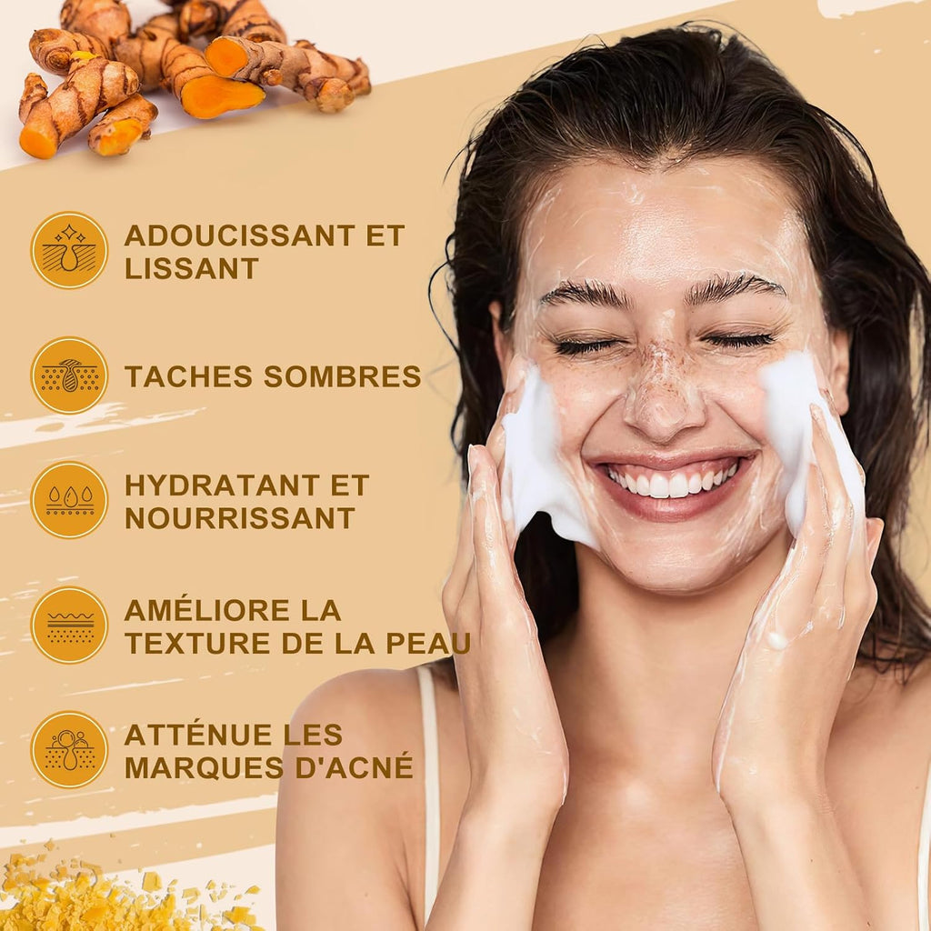 Savon À L'Acide Kojique, Savon Au Curcuma, VC Savonnette Pour Eliminer Points Noirs, Acné Et Taches Foncées, Doux Pour L'Hydratation Du Visage Et Corps, Rétrécissement Des Pores, 3X80G