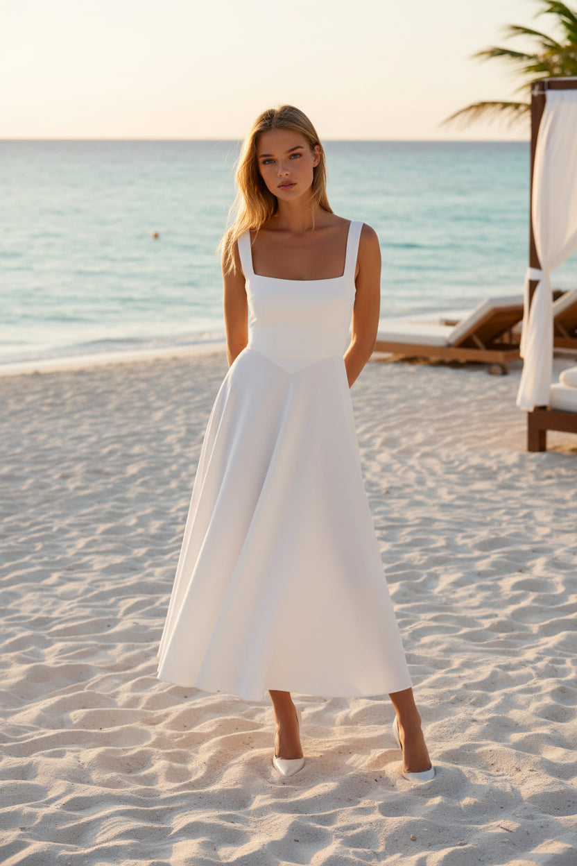Robe longue femme Nuvéra Scarlett couleur blanc portée de face