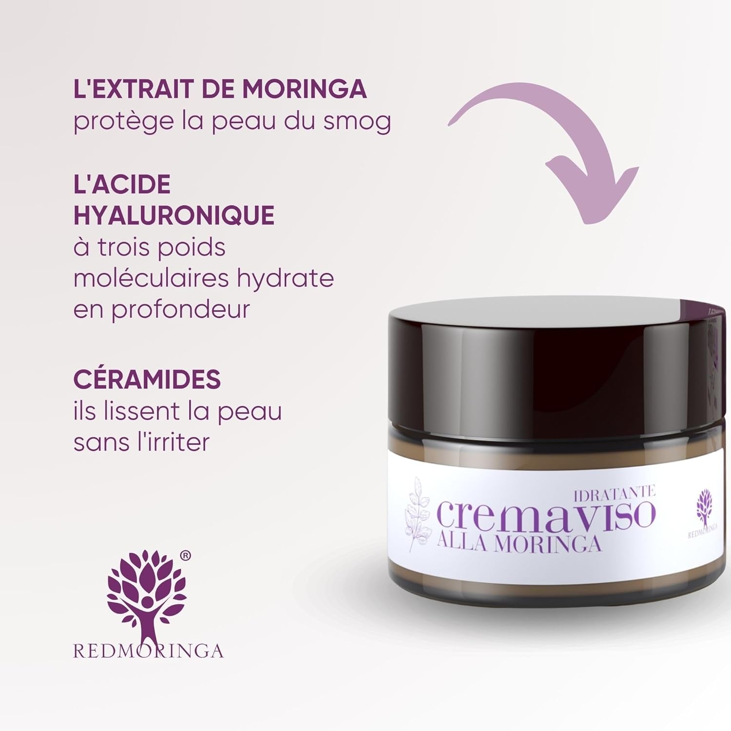 Crème Visage Anti-Rides Avec Acide Hyaluronique, Moringa Et Céramides Pour Femmes Et Hommes, Effet Anti-Âge Et Anti-Pollution Pour Peau Mixte - 99% Naturel - 50 Ml - Fabriqué En Italie