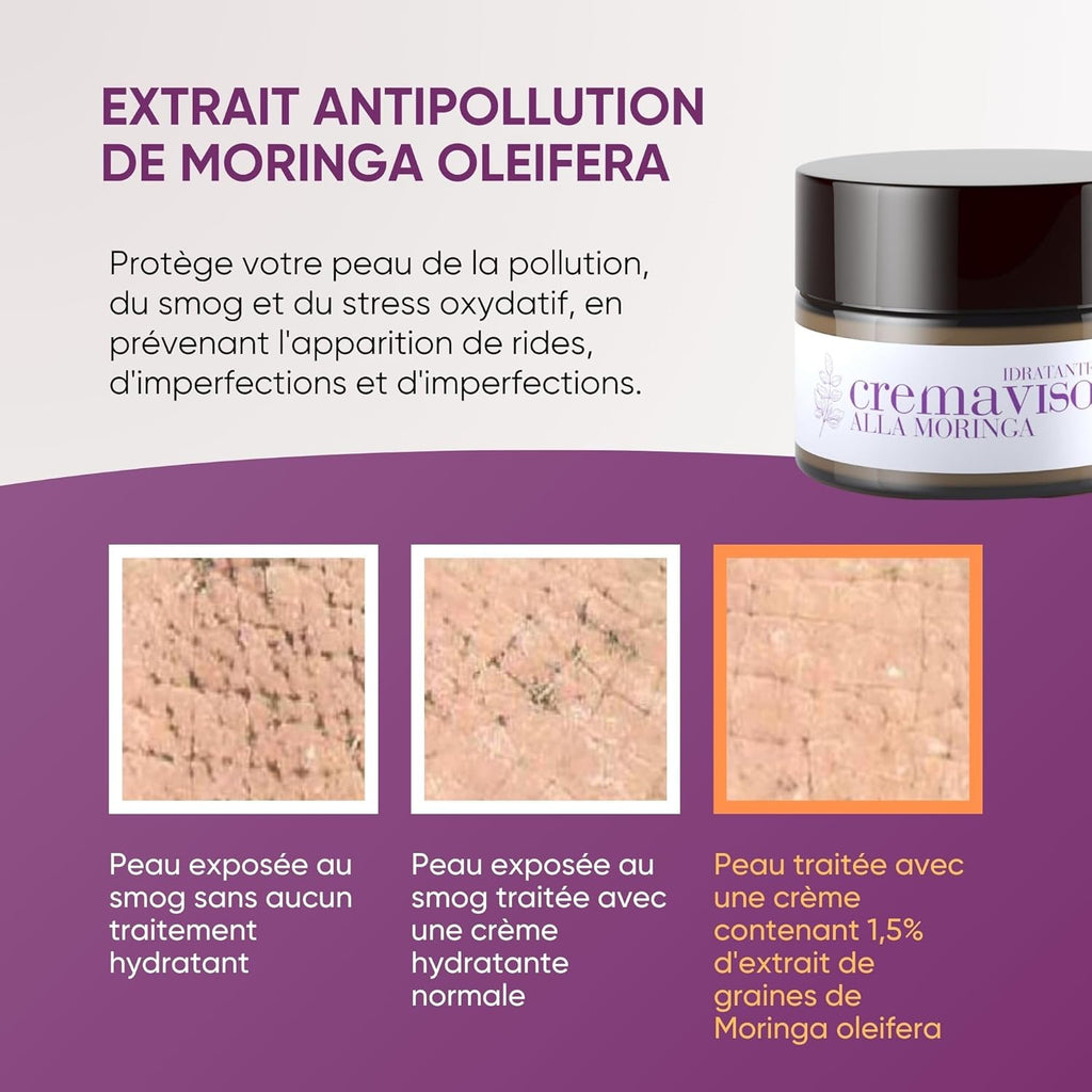 Crème Visage Anti-Rides Avec Acide Hyaluronique, Moringa Et Céramides Pour Femmes Et Hommes, Effet Anti-Âge Et Anti-Pollution Pour Peau Mixte - 99% Naturel - 50 Ml - Fabriqué En Italie