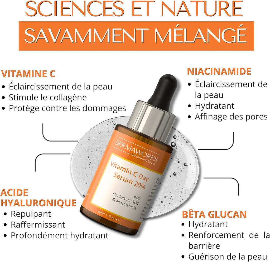 SERUM VISAGE VITAMINE C 20% Avec Acide Hyaluronique & Niacinamide – Dark Spot Correcting Glow Serum Hydratant – anti Ride, anti Taches Brunes – Soin Visage Femme Et Homme De
